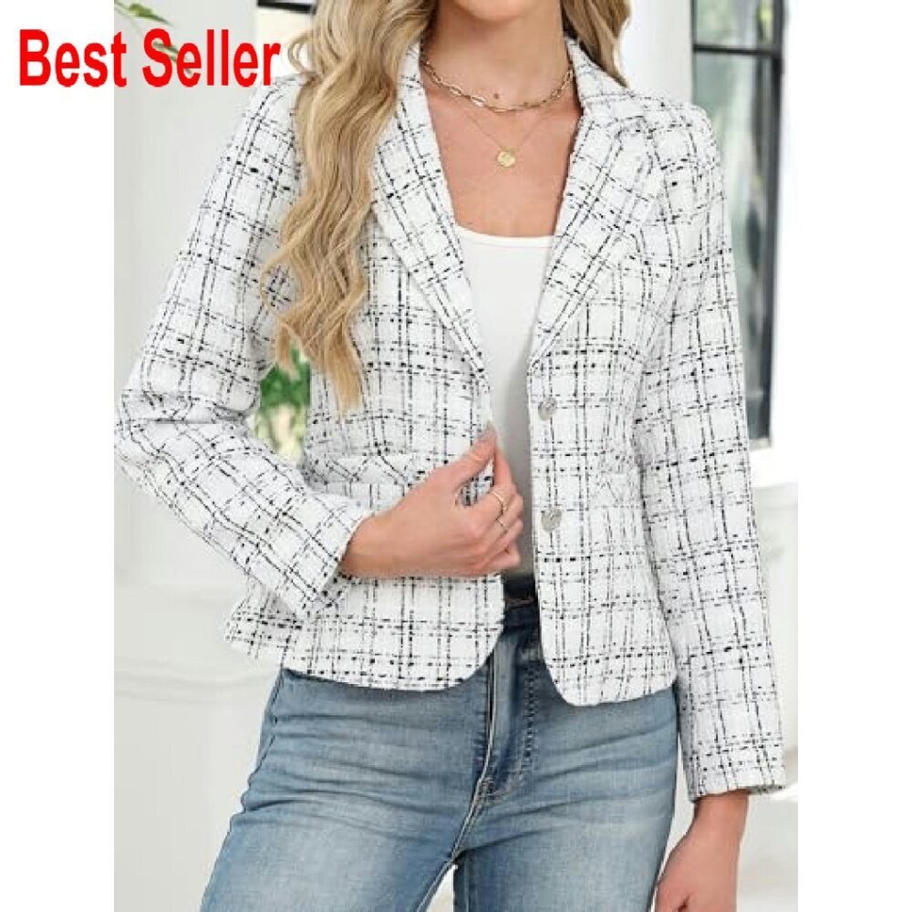 Tweed Blazer Slim Fit Business Casual Jacket Classic Elegant Work Wear - Picture 3 of 8